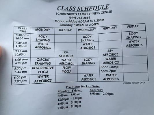 Here is the class and lap swimming schedule.