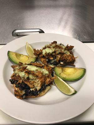 Straight from our kitchen! Try the Pasilla Chicken Sopes (yes - those are charred Avis!) Vegetarian option available, too.