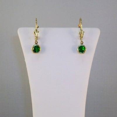 Deep forest green Chrome Diopside leverback drop earrings in 14kt yellow gold.