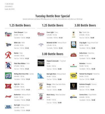 Tuesday $1.25 bottle beer special menu!