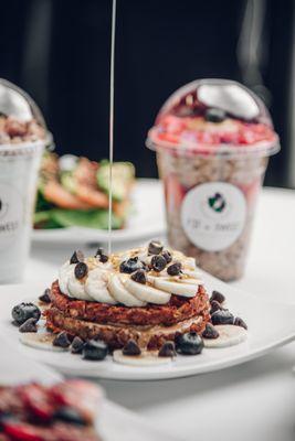 Best selling oatmeal vegan, gluten-free waffles (add any superfoods to blend: açaí, matcha, taro, etc)