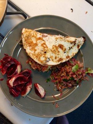 Brussels sprouts and watermelon radish egg white omelette with a side of blood orange!  All Hungry Harvest-acquired