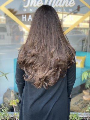 Long layers with warm chocolate color