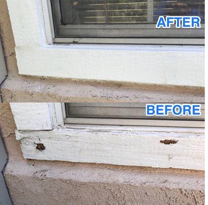 Window trim replaced with before and after pictures. Guardian will finish paint replaced areas.