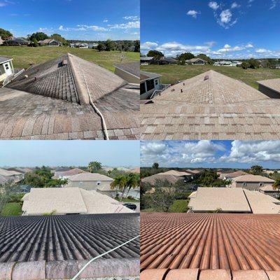 Barrel tile and shingle roof cleaning before and after.