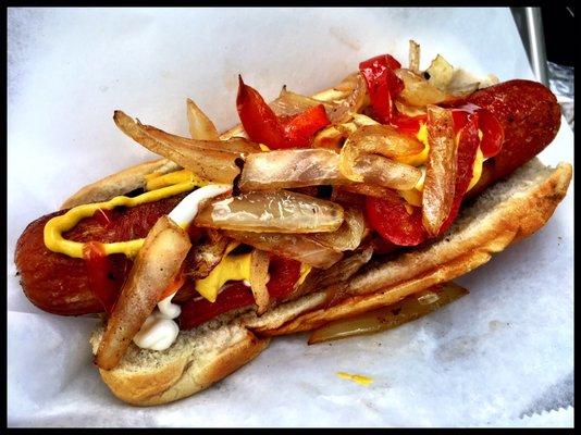 Delicious bacon wrapped beef dog and perfect if you're on the go...!!!