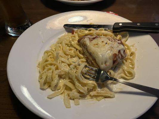 Chicken Parm on Alfredo. (Yuck!)