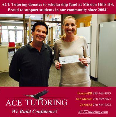 ACE Tutoring donates to the scholarship fund at Mission Hills High School. #mhhs #SATACT #scholarship #collegebound #tutoring #highschool