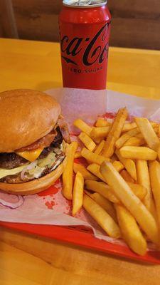 There bacon cheeseburger and fries