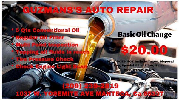 $20.00 Oil Change/ $20.00 Cambio de Aceite