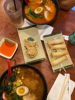 Tan Tan Ramen and 4 Piece Gyoza Combo & Chicken Katsu Ramen (still crispy even it was served inside ramen) & Veg & Pork Spring Rolls