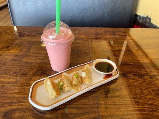 Gyoza and strawberry/ banana smoothie