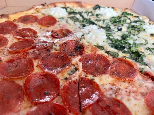 1/2 pepperoni 1/2 spinach garlic ricotta pizza