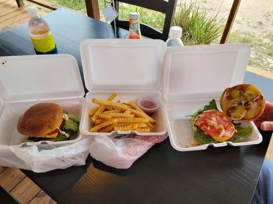 Cheeseburgers and an order of fries.  Delicious!!!