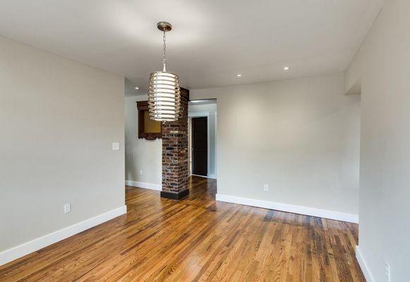 Whole Home Renovation, Dining Room: New Windows, Lighting, Painting, Custom Trim, Hardwood Floor Refinishing, Paint