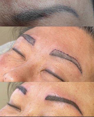 Color correction over old permanent makeup using the powder brow technique. Previous pmu was not done by me. Before (top) & after (bottom).