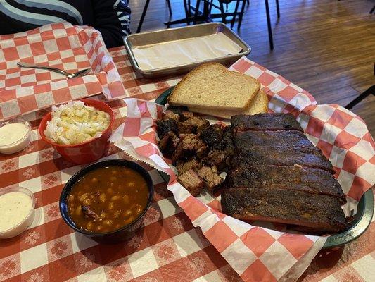 Rib & Burnt End Platter with coleslaw and beans