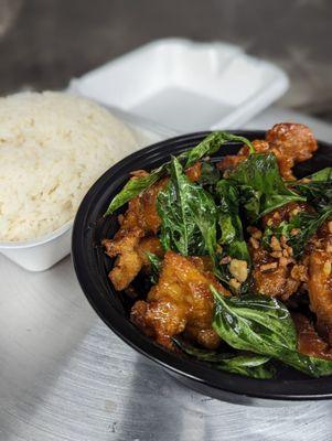 Crispy Garlic Chicken with Steamed Jasmine Rice and Topped with Crispy Fried Thai Basil