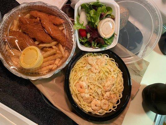 Shrimp Alfredo (with a salad and that BANGING house dressing) & chicken tenders appetizer