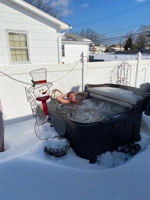 Harry hot tubbing in the snow!