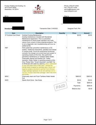 Frosty's Invoice, passing the blame for the damage and responsibility for the repair to the owner.