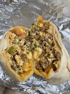 Breakfast Burrito (chorizo, eggs, cheese). You can add chicken or steak for an extra cost.