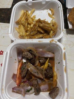 Fries separate from meat in Lomo Saltado. No meat?