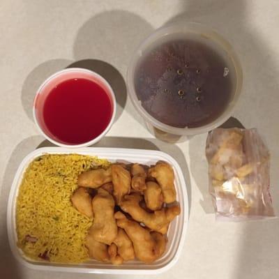 Sweet and sour chicken dinner and a large won ton soup for $10