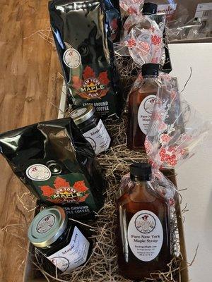 Maple Gift Baskets with Maple Coffee, Maple Syrup, Maple Candy and Maple Jelly.