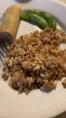 Egg roll, edamame and fried rice.