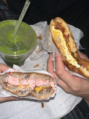 Breakfast croissant and a blueberry strawberry cream cheese bagel! With her homemade green juice. 11/10