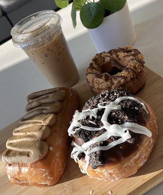 Maple Bar, Oreo, & Samoa Donut; Oat Milk Iced Latte