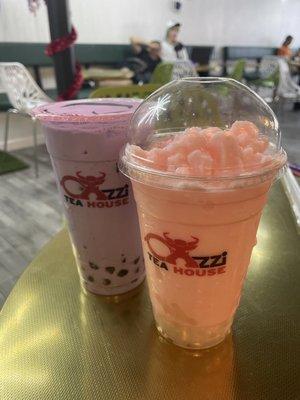 Taro milk tea with boba, watermelon smoothie with lychee coconut jelly