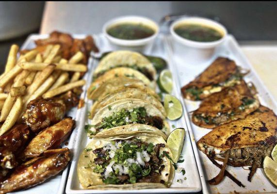 wings,tacos,birria tacos