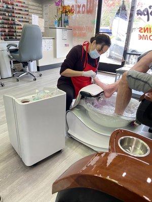 My husband enjoying his pedicure.