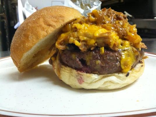 The Southern Burger with pulled pork and cheddar cheese