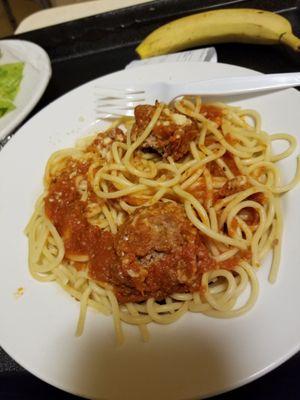 Dinner. 2 tasteless meatballs on spaghetti.