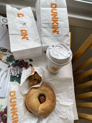 Six dollar meal consisting of bacon egg on a bagel with hashbrowns and a medium coffee