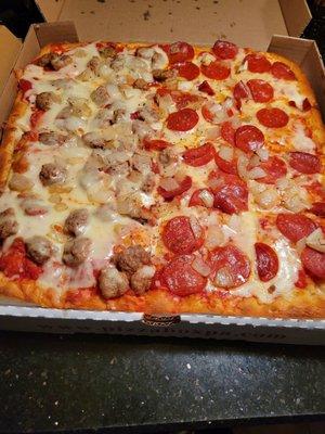 18" Square Sicilian half Sausage  & half  Pepperoni Pizza with onions