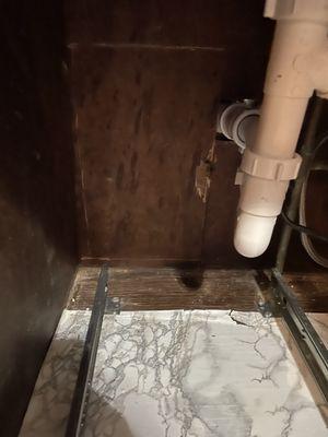 Interior of sink cabinet. Damage to backing