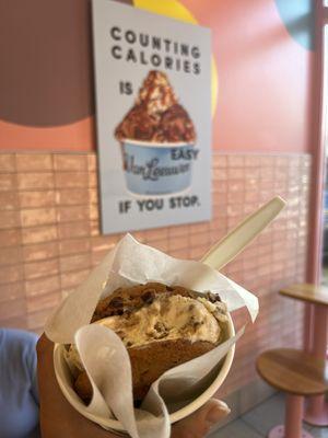 Chocolate chip ice cream cookie with the praline butter cake ice cream scoop.