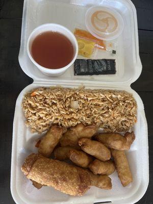 Perfect quick lunch sweet and sour chicken, fried rice, egg roll.