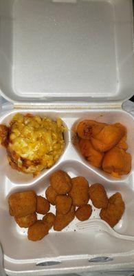 Sides: fried okra, macaroni & cheese, and yams