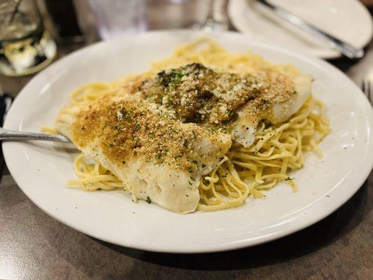 Stuffed haddock with casino stuffing and scampi sauce on linguine