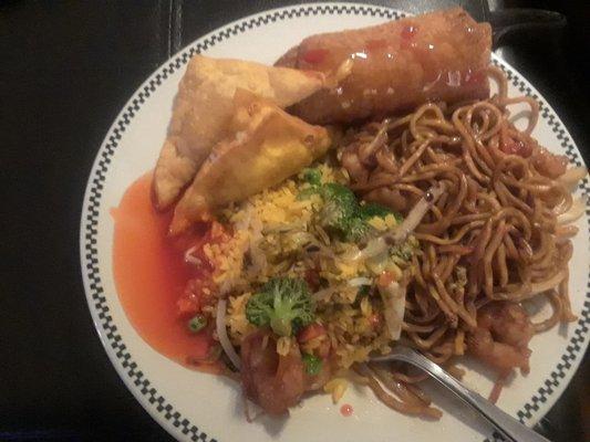 Take-out re-plated at home -- the noodles/rice are about 1/3rd of a small Shrimp Lo Mein order...that's how large their portions are.