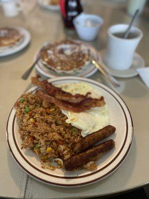 Joyce's joyce's special breakfast with fried rice (pancakes in another pic)