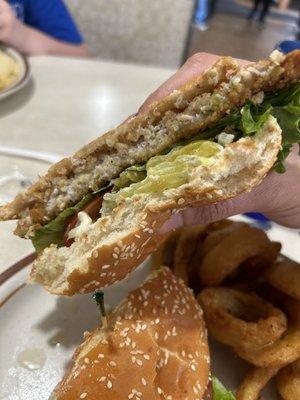 Side view of pork tenderloin sandwich. Yum!