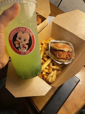 Richie's chicken sandwich and an agua fresca from gueritos red tacos!