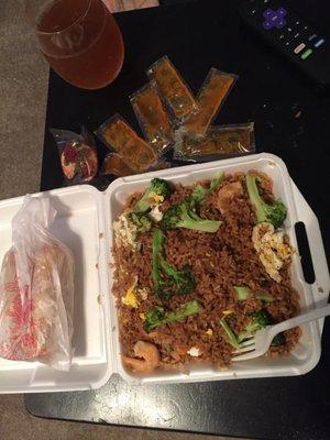 Shrimp fried rice with egg and broccoli, 2 egg rolls  I can only eat half but it was really good.