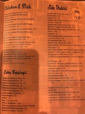 Menu items and prices